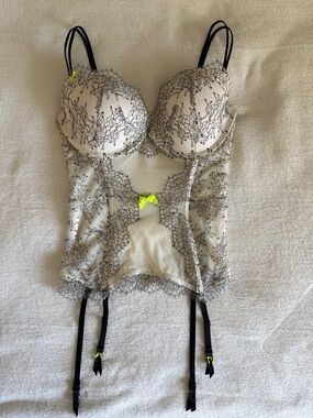 Victoria's Secret white Lace Bustier with Black Trim and Neon Yellow Accents